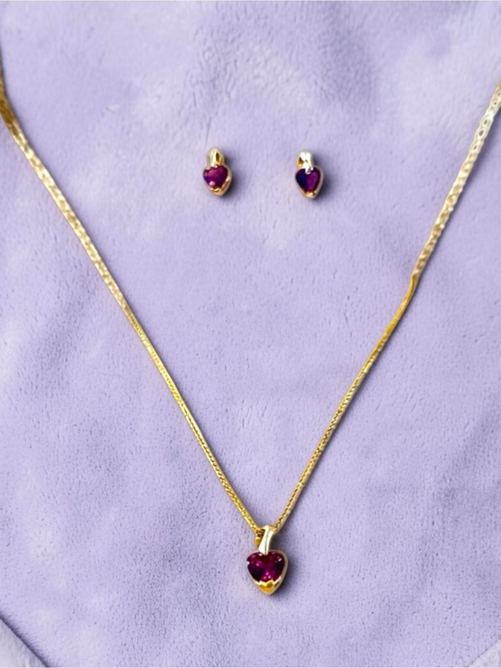 10kt Gold Amethyst Heart Pendant Necklace and Stud Earrings Set With Appraisal - Picture 5 of 7